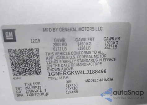 2020 Chevrolet Traverse Fwd Lt Cloth из США, поврежденный, VIN 1GNERGKW4LJ188498